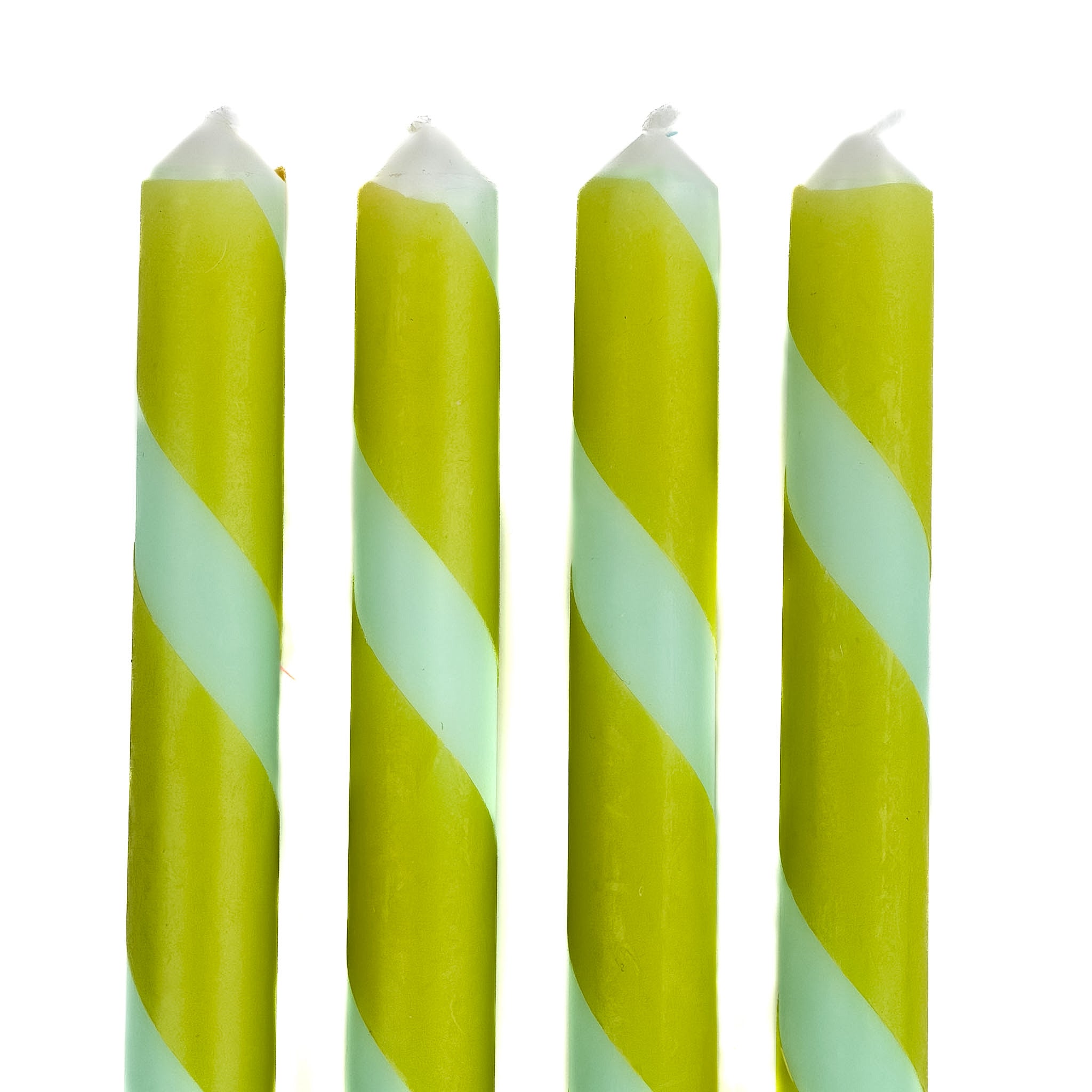 Green and blue candy stripe taper candles set with twisted spiral design for spring table decor.