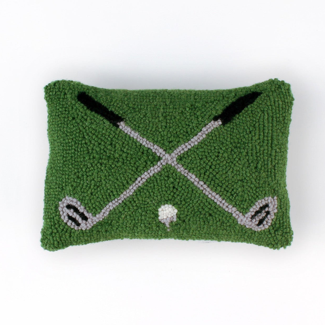 Rectangular green decorative pillow with a hooked texture, featuring two crossed golf clubs and a small white golf ball in the center.