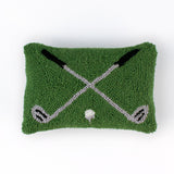 Rectangular green decorative pillow with a hooked texture, featuring two crossed golf clubs and a small white golf ball in the center.