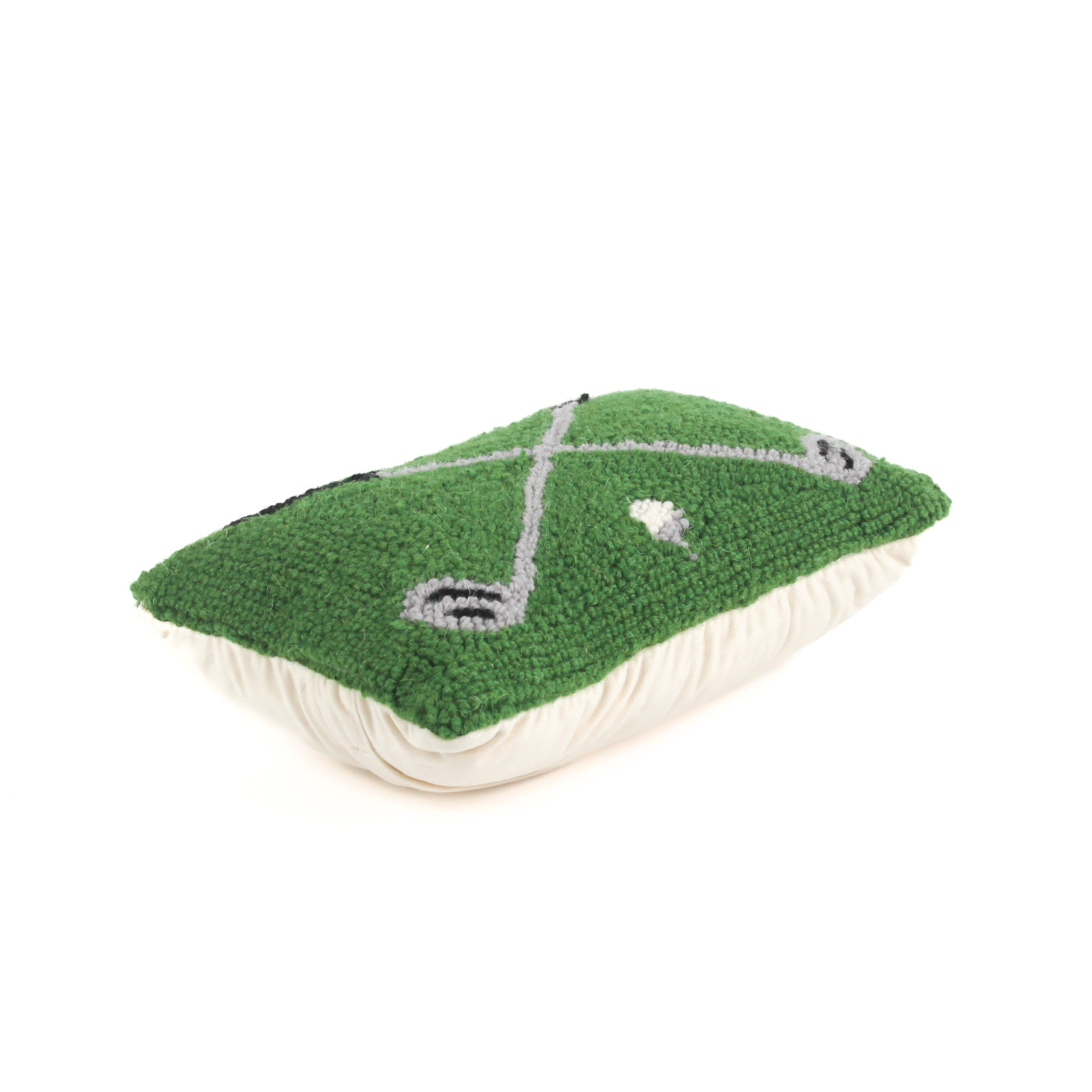 a rectangular green decorative pillow with a hooked texture, featuring two crossed golf clubs and a small white golf ball in the center.
