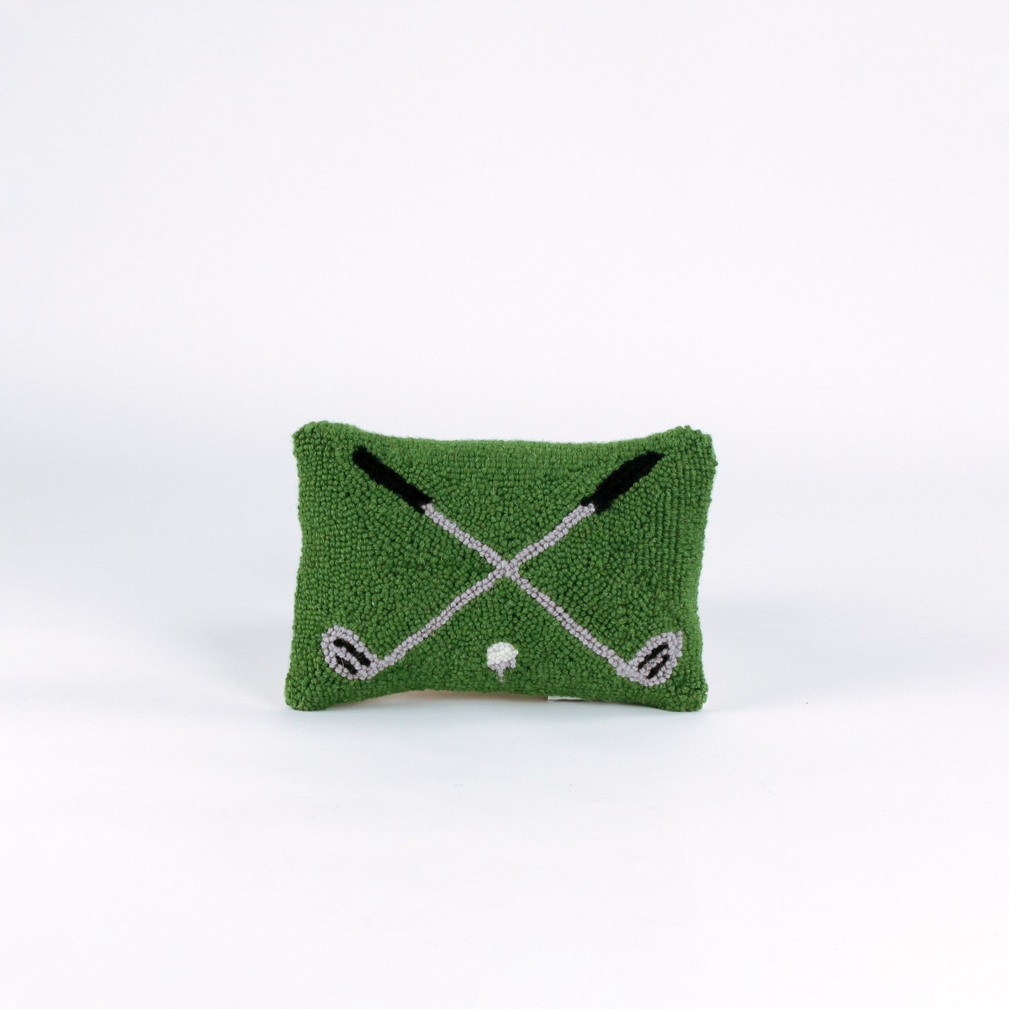 Rectangular green decorative pillow with a hooked texture, featuring two crossed golf clubs and a small white golf ball in the center.
