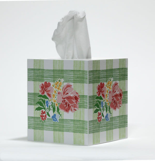 Tissue box with floral green gingham design on a white background