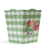 a green gingham wastepaper basket with a central floral motif from madcap cottage