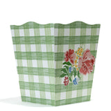 a green gingham wastepaper basket with a central floral motif from madcap cottage