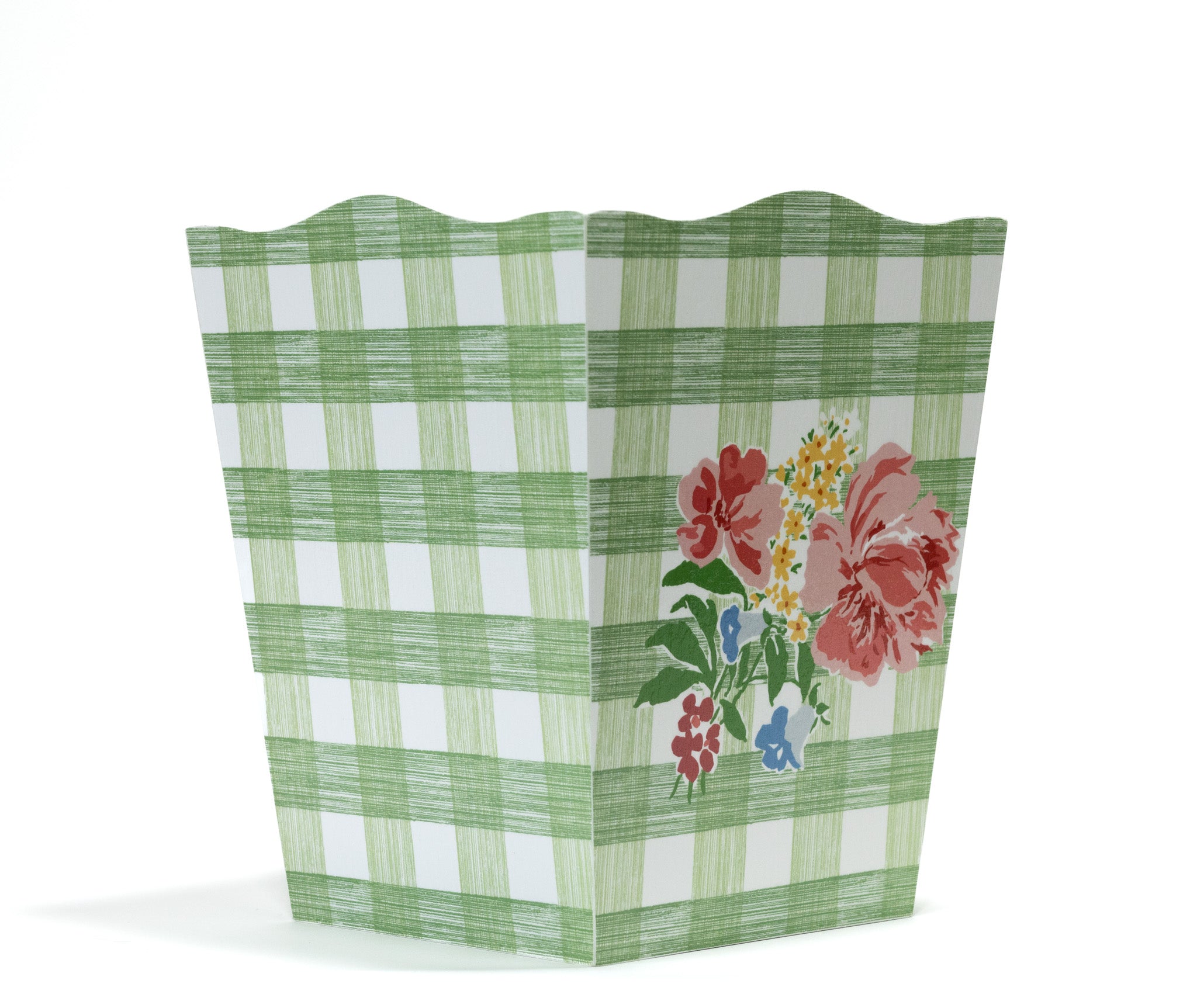 a green gingham wastepaper basket with a central floral motif from madcap cottage