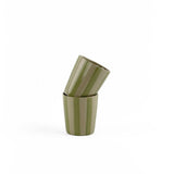 2 stacked green striped ceramic cup on a white background. 