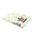 a chinoiserie tea towel featuring three embroidered pagoda motifs and a green and white bamboo lattice design against a white background. 