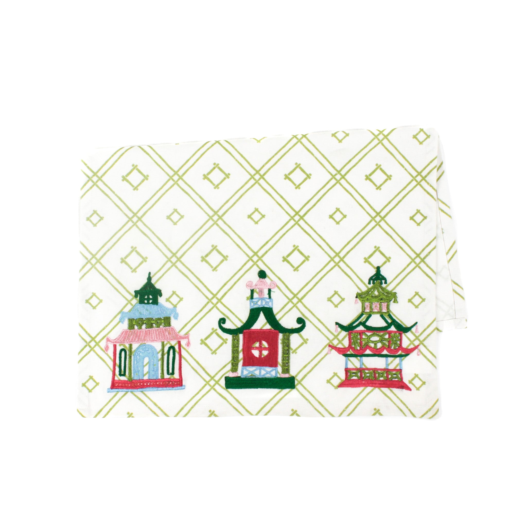 a chinoiserie tea towel featuring three embroidered pagoda motifs and a green and white bamboo lattice design against a white background. 