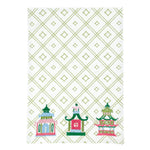 a chinoiserie tea towel featuring three embroidered pagoda motifs and a green and white bamboo lattice design against a white background. 