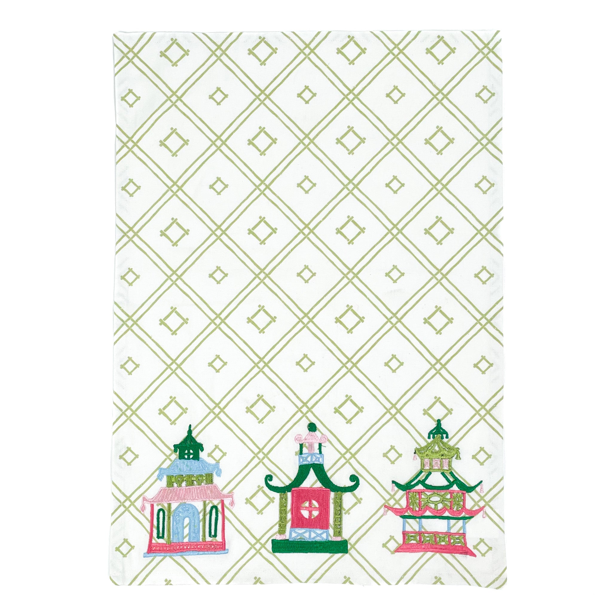 a chinoiserie tea towel featuring three embroidered pagoda motifs and a green and white bamboo lattice design against a white background. 