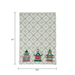 a chinoiserie tea towel featuring three embroidered pagoda motifs and a green and white bamboo lattice design against a white background and dimensions noted as 24" x 18.5"