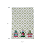 a chinoiserie tea towel featuring three embroidered pagoda motifs and a green and white bamboo lattice design against a white background and dimensions noted as 24" x 18.5"