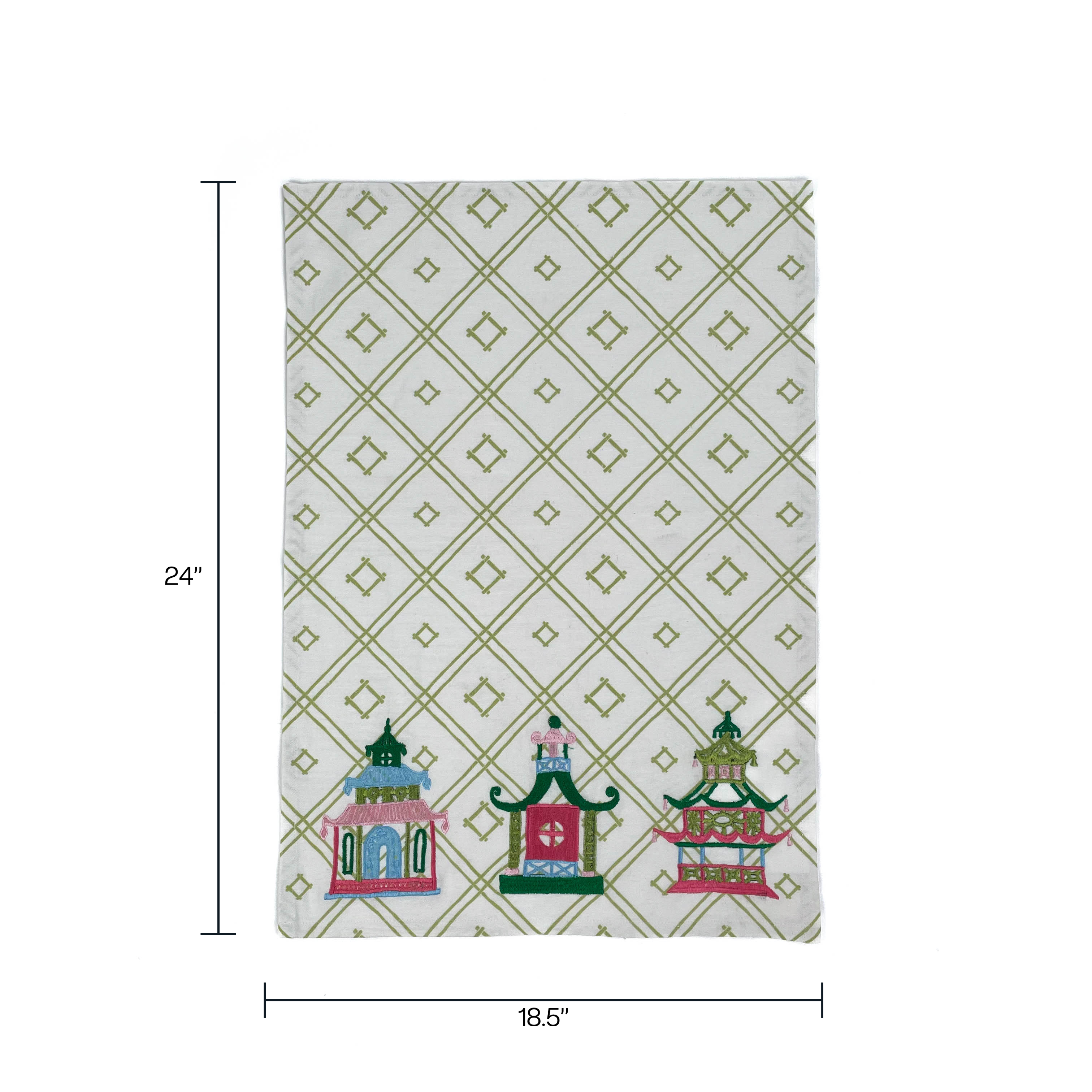a chinoiserie tea towel featuring three embroidered pagoda motifs and a green and white bamboo lattice design against a white background and dimensions noted as 24" x 18.5"