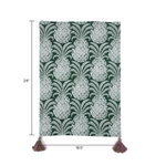 a green pineapple tea towel with pink and green tassels against a white background and dimensions that read 24" x 18.5"