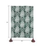 a green pineapple tea towel with pink and green tassels against a white background and dimensions that read 24" x 18.5"