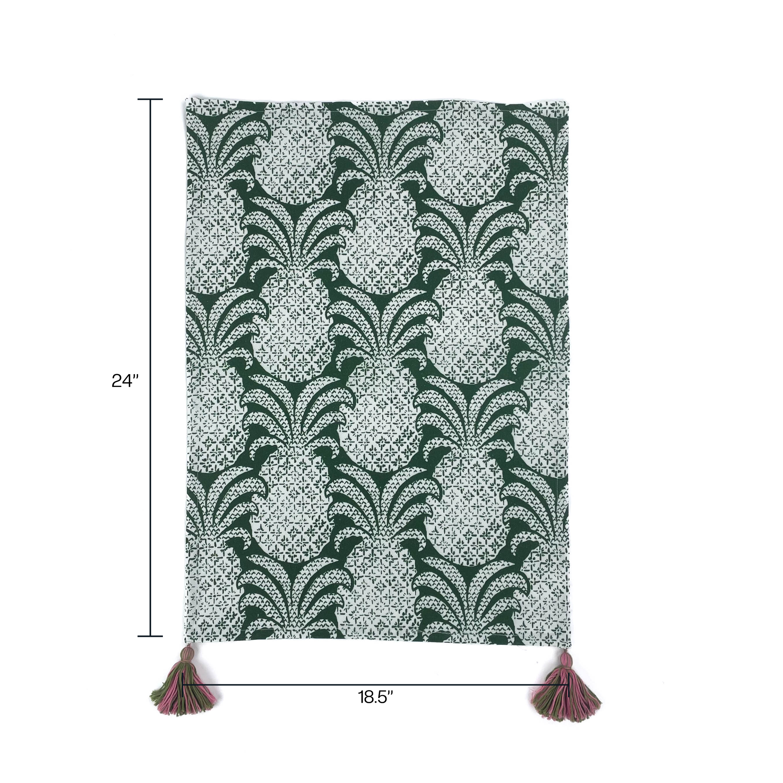 a green pineapple tea towel with pink and green tassels against a white background and dimensions that read 24" x 18.5"