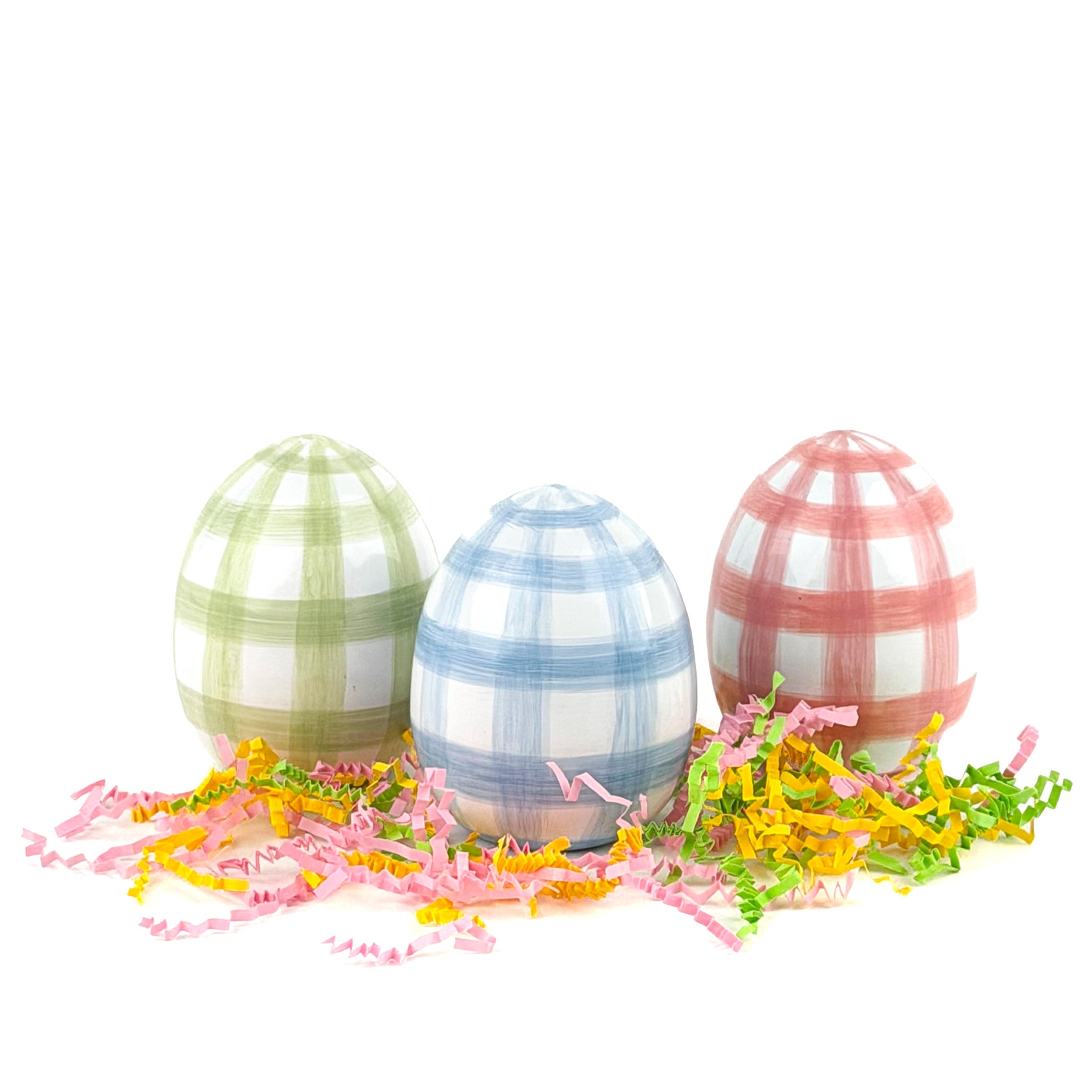 green pink and blue gin lane plaid Easter eggs with colorful filler