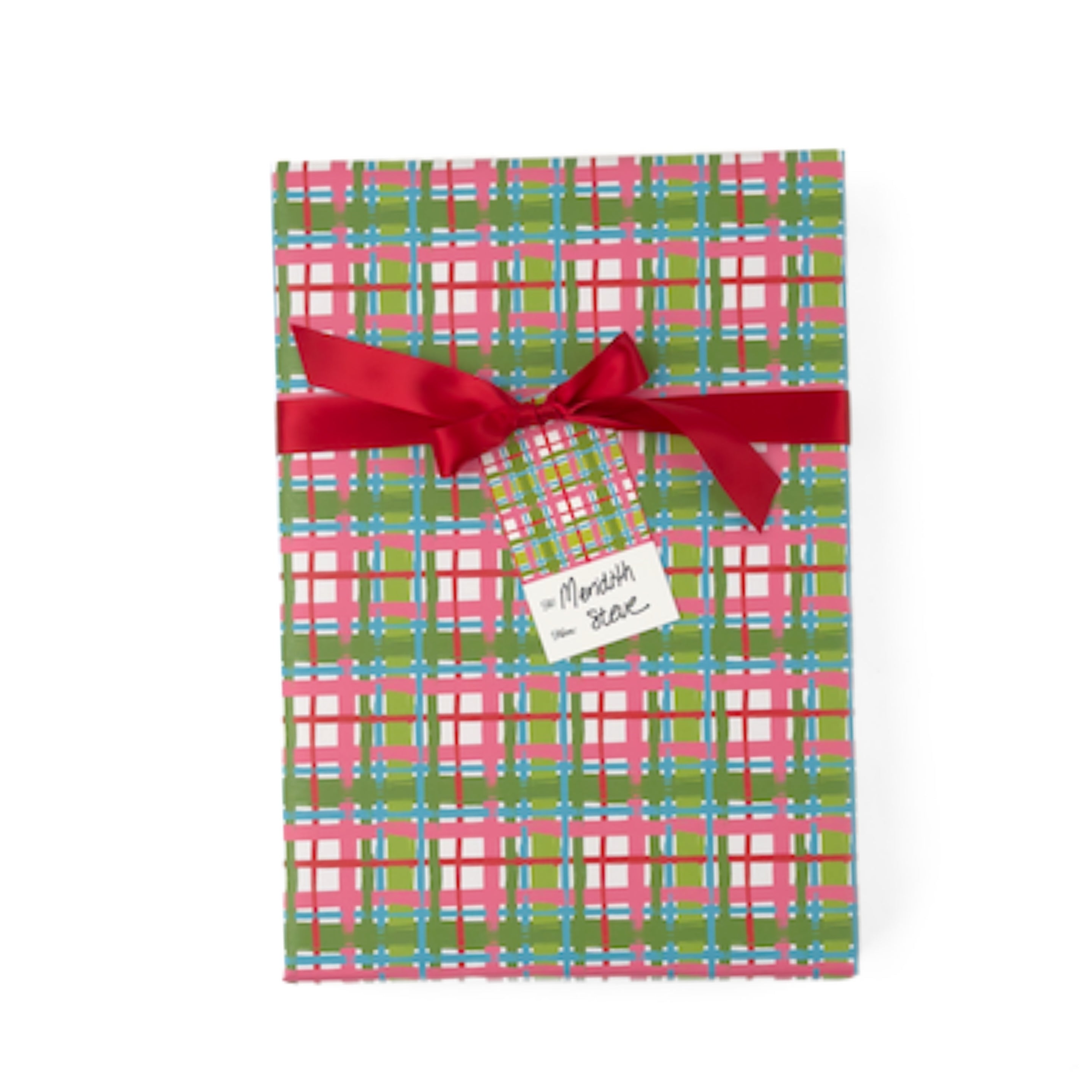 Colorful gift wrap featuring vibrant green, pink, blue, and red plaid patterns for beautifully wrapped presents.