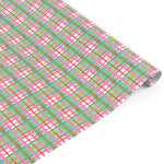 Colorful gift wrap roll featuring vibrant green, pink, blue, and red plaid patterns for festive gifting.