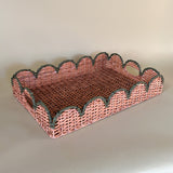 green rattan serving tray front 3/4 view with handles