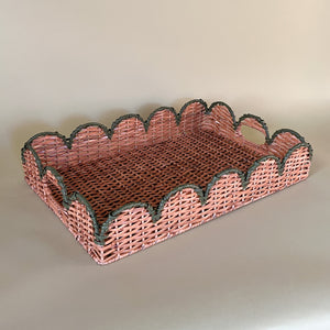 green rattan serving tray front 3/4 view with handles