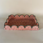 green rattan serving tray side view