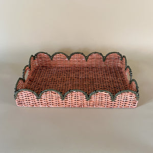 green rattan serving tray side view
