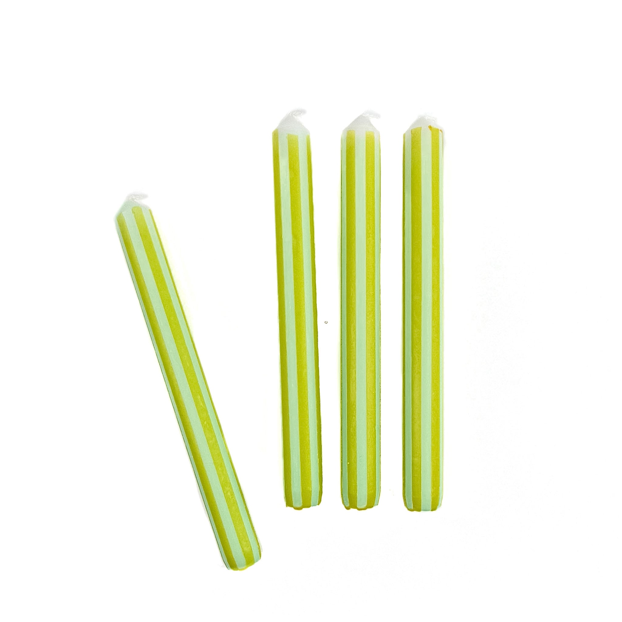 4 pcs of green and white stripe candles on a white background