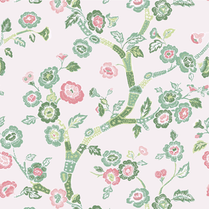 A green and pink chinoiserie fabric sample featuring green and pink cherry blossom motifs on a pale pink background.