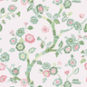 A green and pink chinoiserie fabric sample featuring green and pink cherry blossom motifs on a pale pink background.