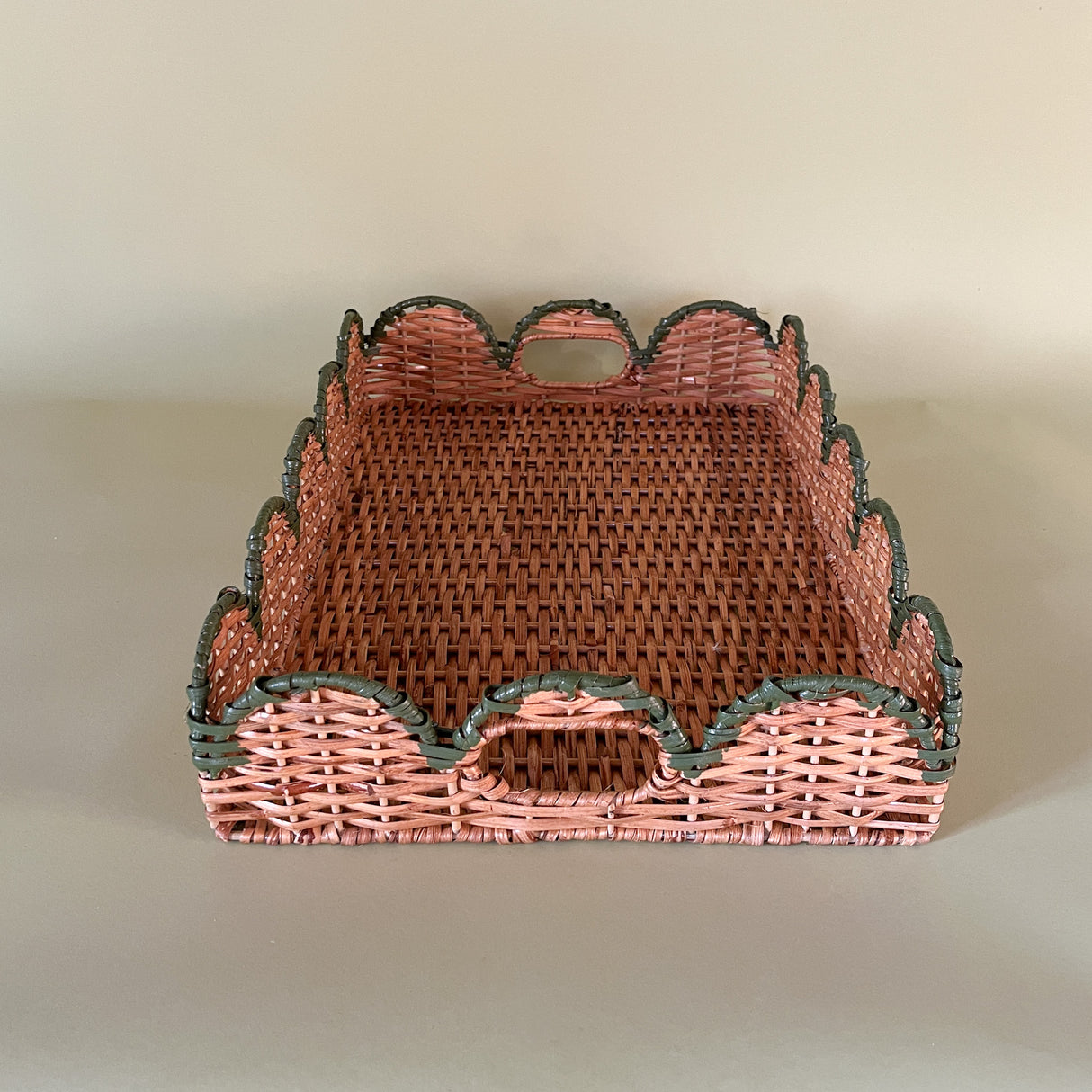 green rattan serving tray side handles