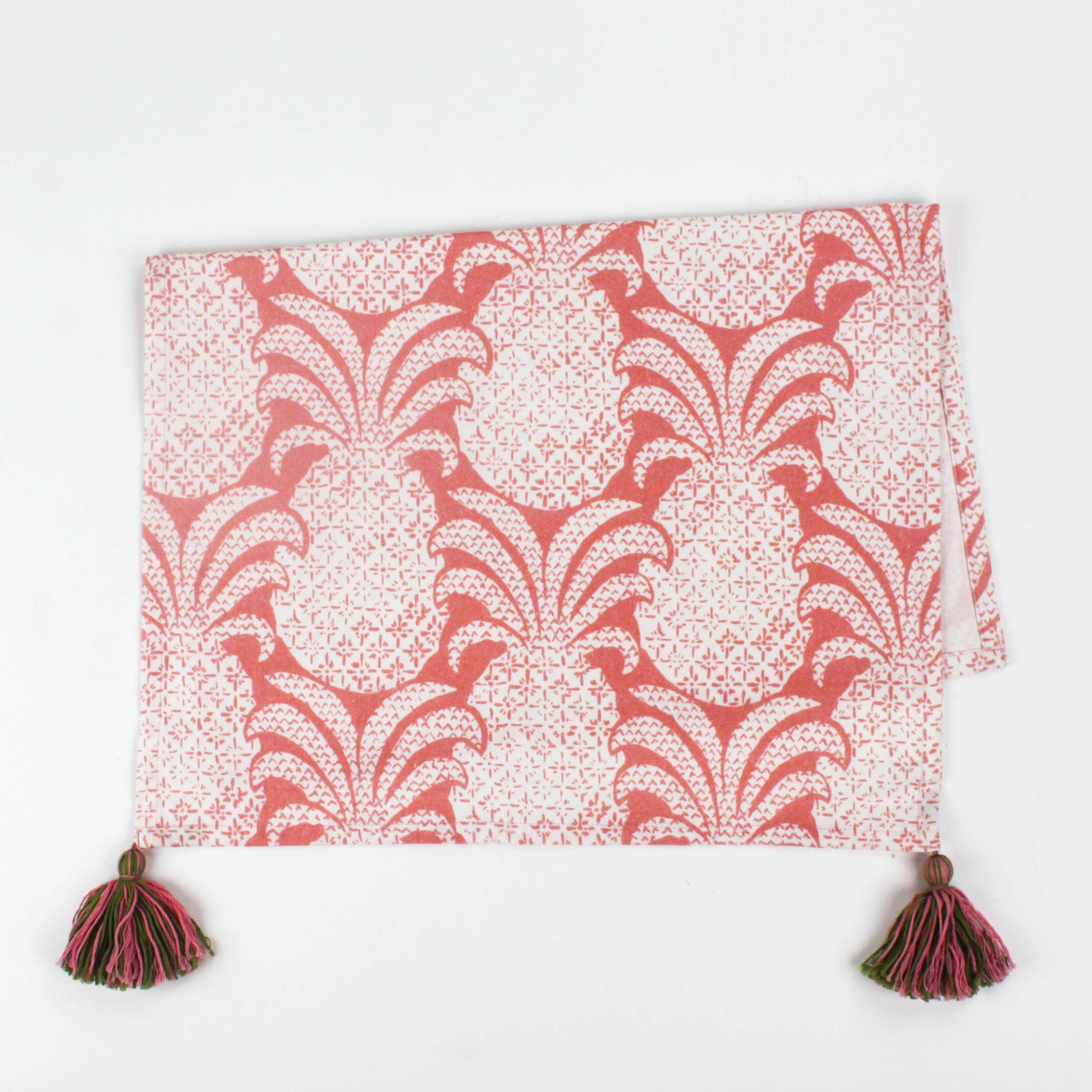 Pink pineapple pattern Christmas tea towel with green and pink tassels on each end