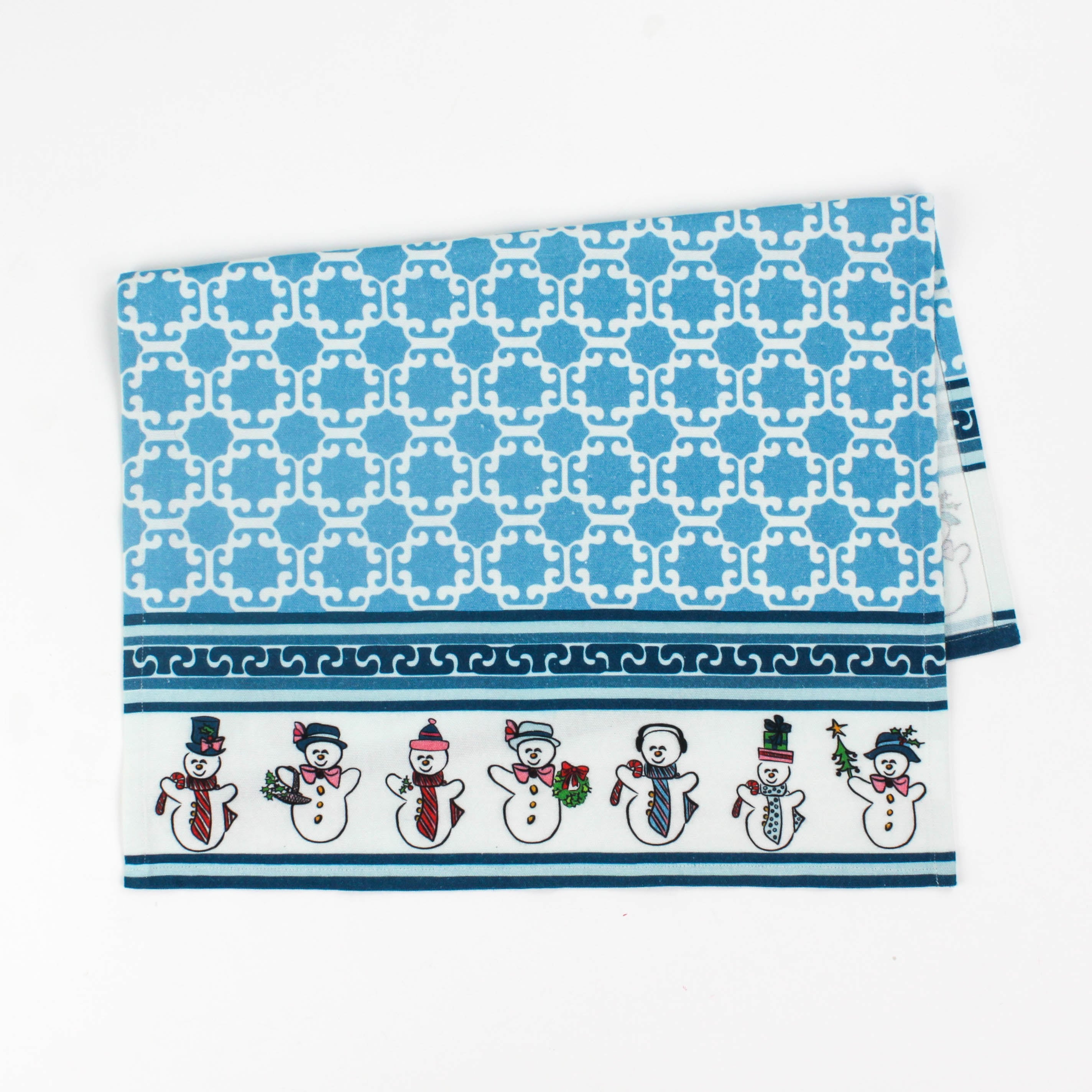 Folded Christmas tea towel featuring a blue lattice pattern with a festive border of cheerful snowmen wearing scarves, hats, and ties in various holiday poses.