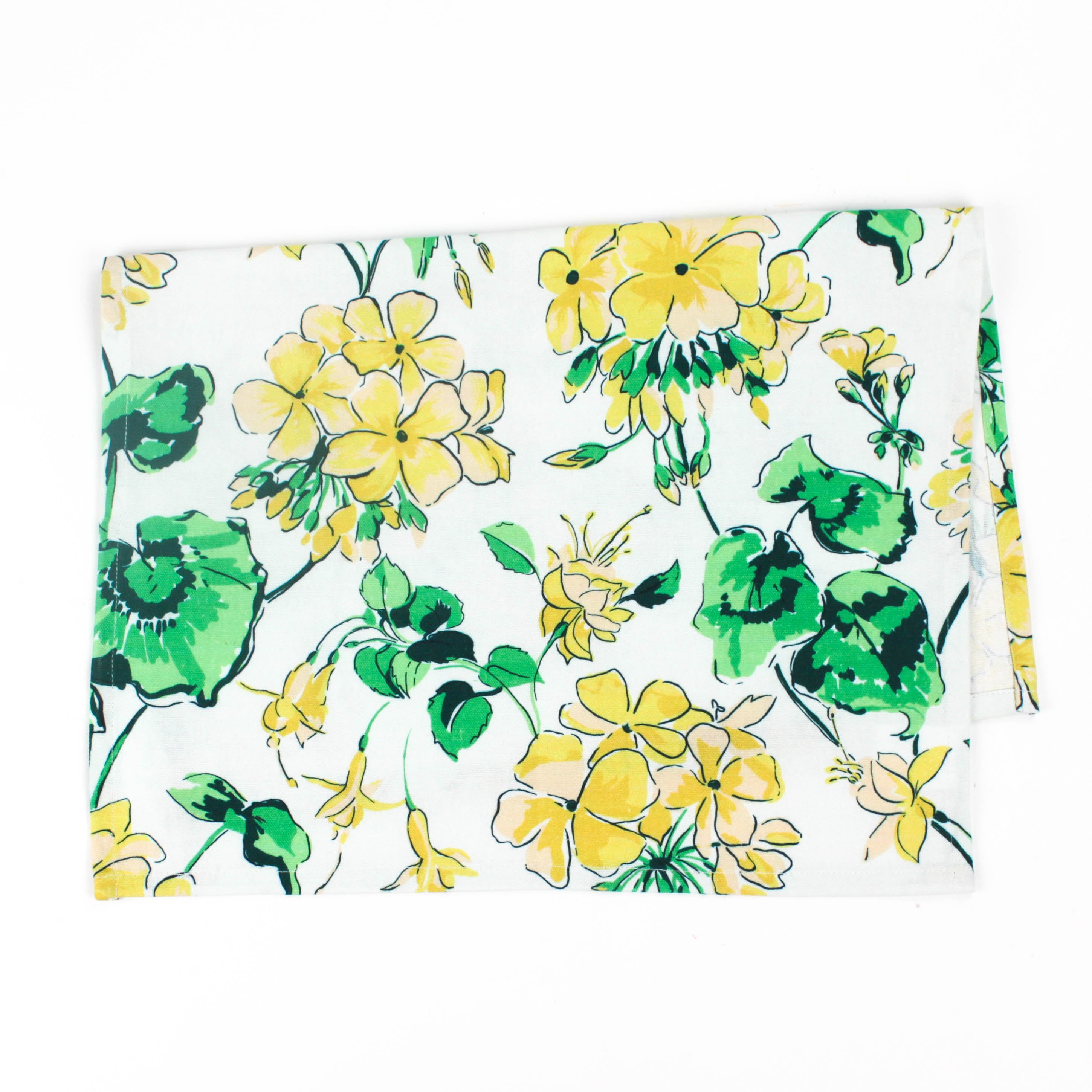 Christmas tea towel with a cheerful yellow and green floral geranium pattern on a white background