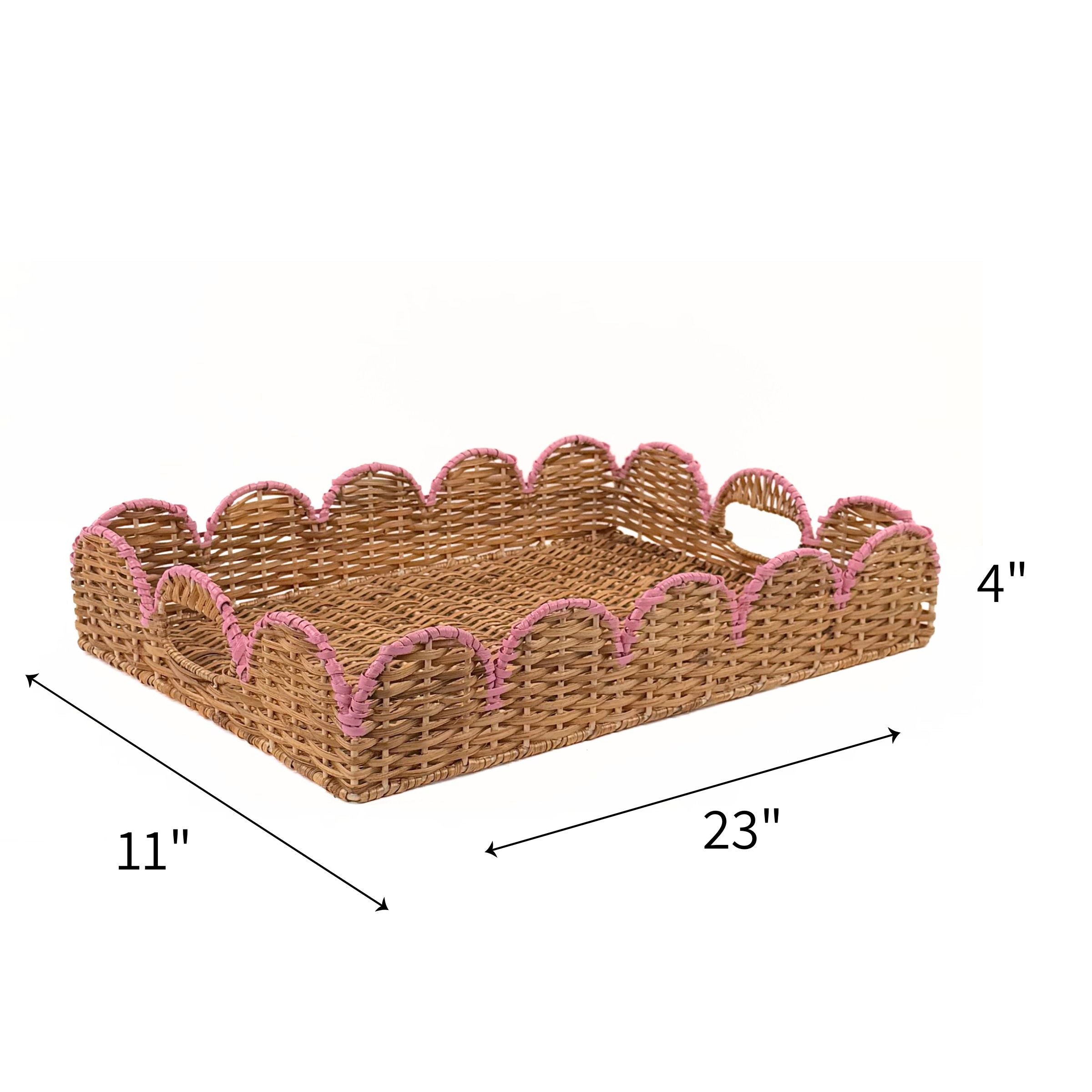A woven rectangular tray with scalloped pink trim and two side handles, shown on a white background with dimension arrows and labels indicating 11" by 23" by 4"