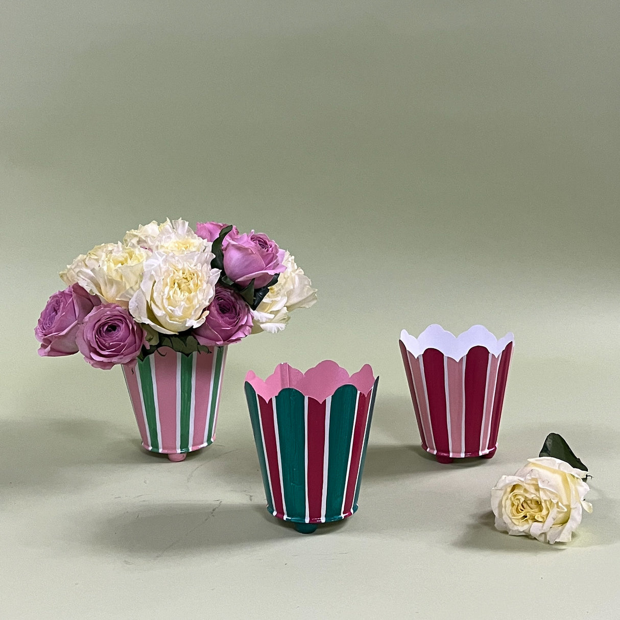 hand painted striped tole metal cachepots with flowers