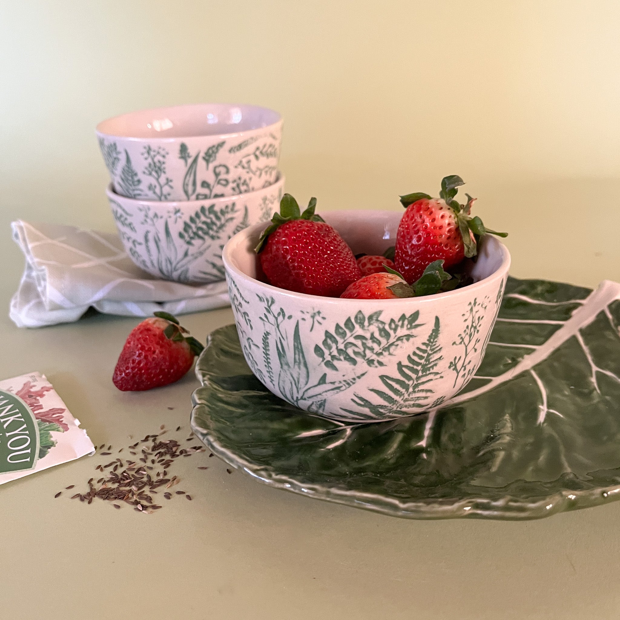 hand stamped botanic bowls with cabbage plate