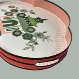 Handle detail view of the Oh, Pagoda pink and green handpainted metal tole tray