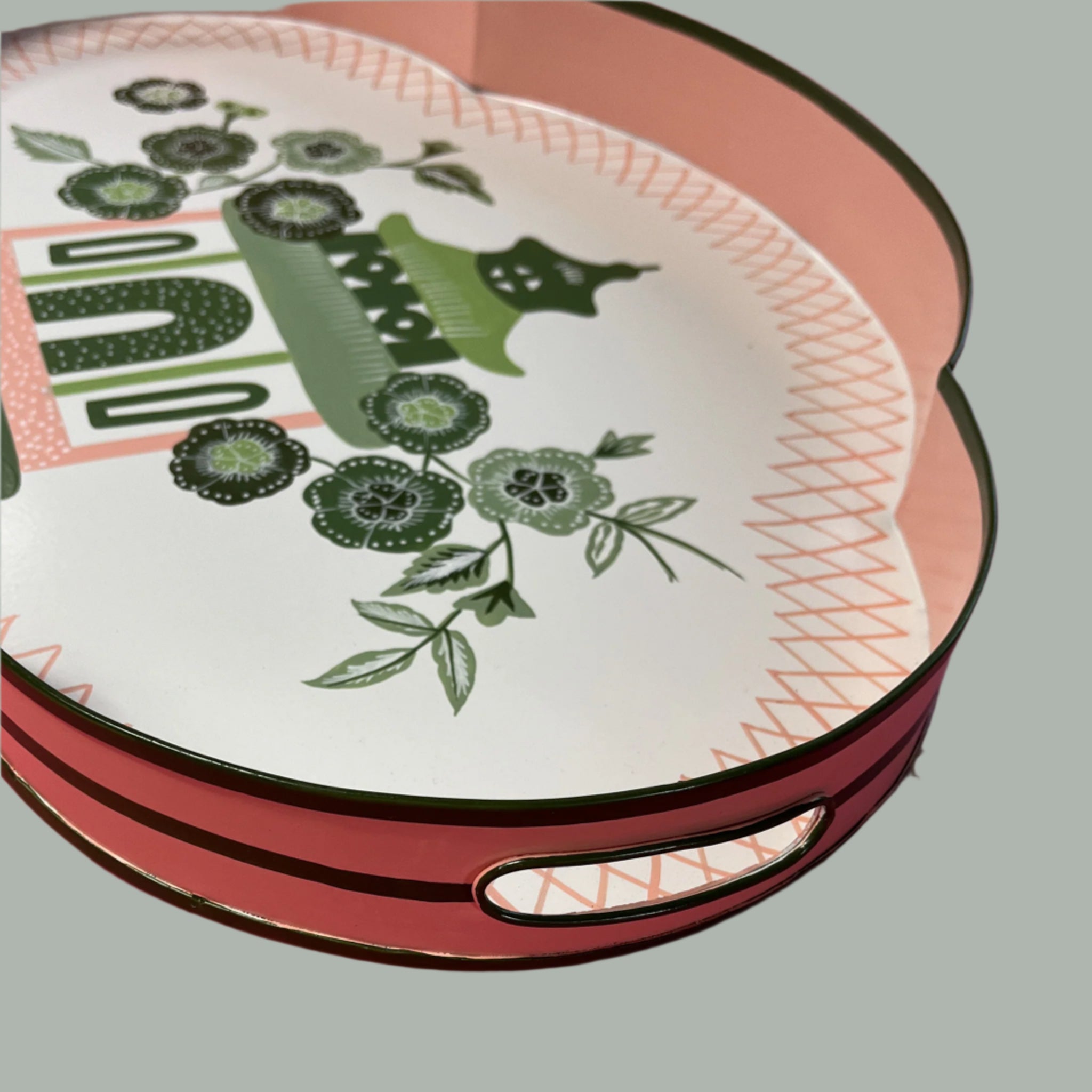 Handle detail view of the Oh, Pagoda pink and green handpainted metal tole tray