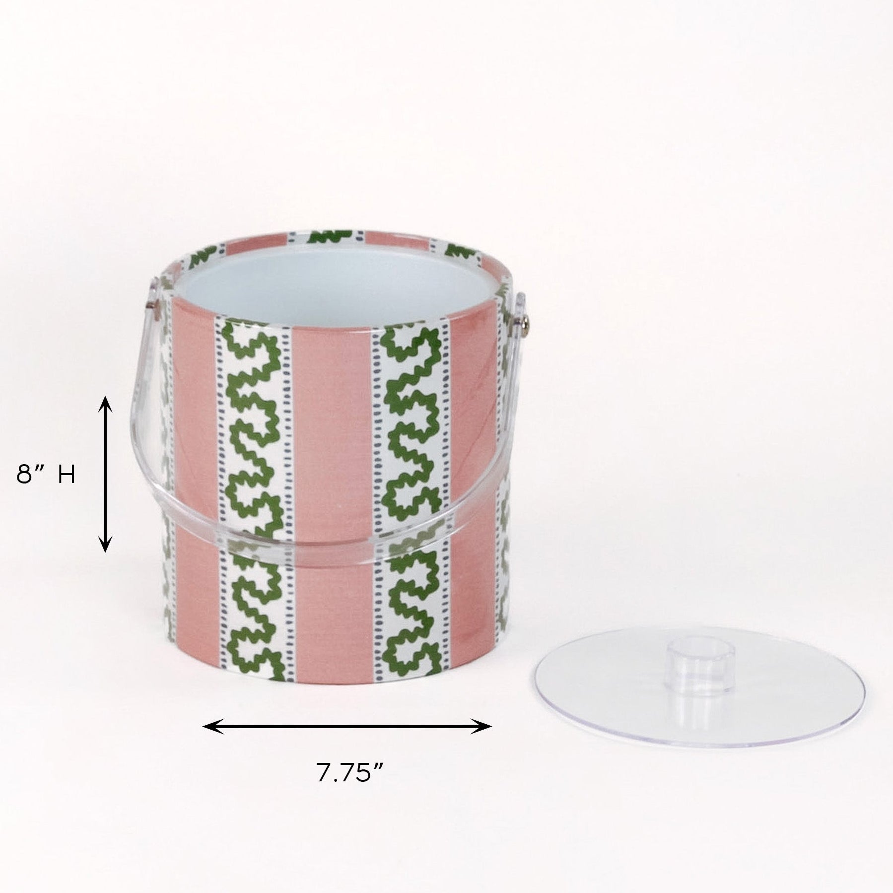 dimensions of madcap cottage Harbor trail Bahama pink stripe pattern covered acrylic ice bucket.