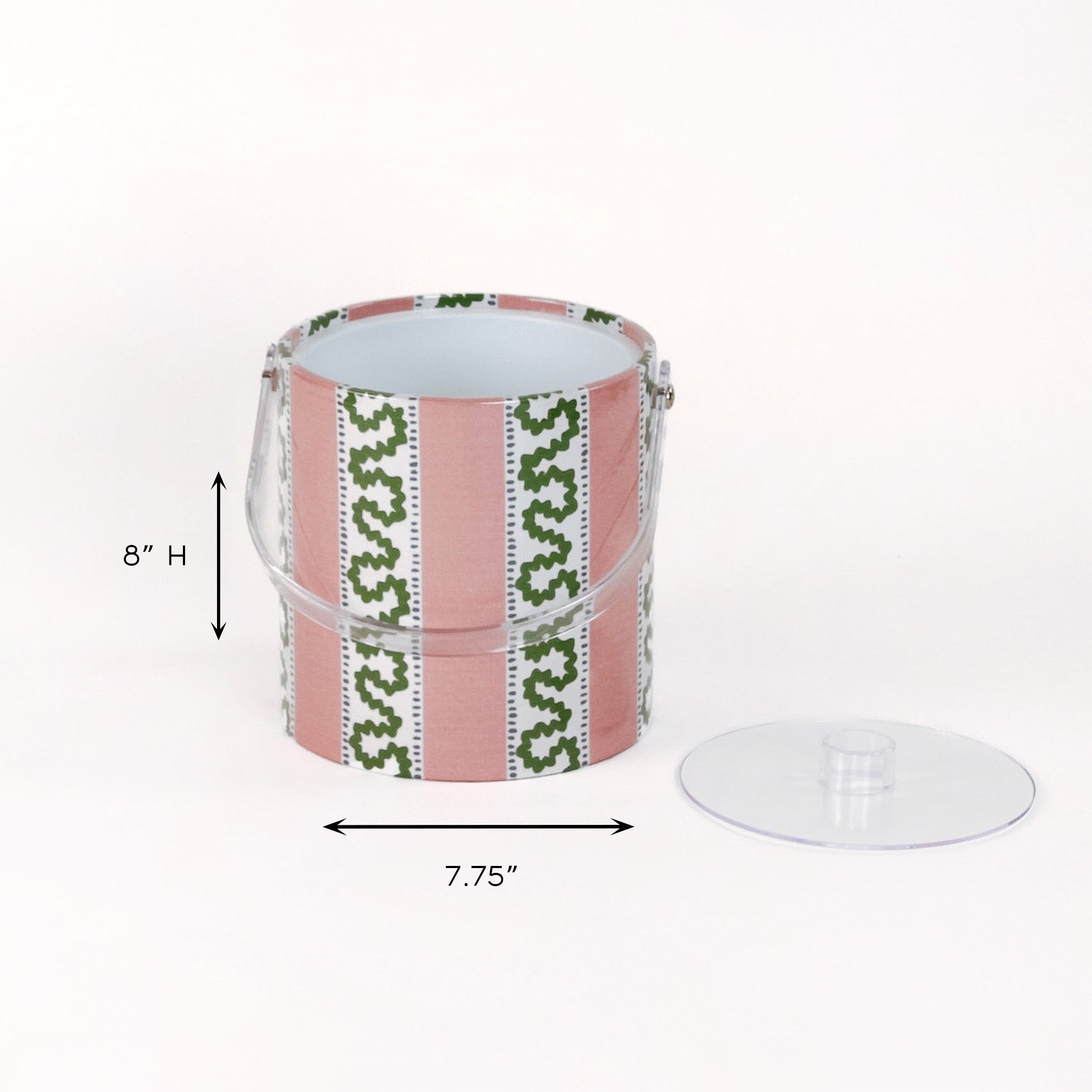 dimensions of madcap cottage Harbor trail Bahama pink stripe pattern covered acrylic ice bucket.