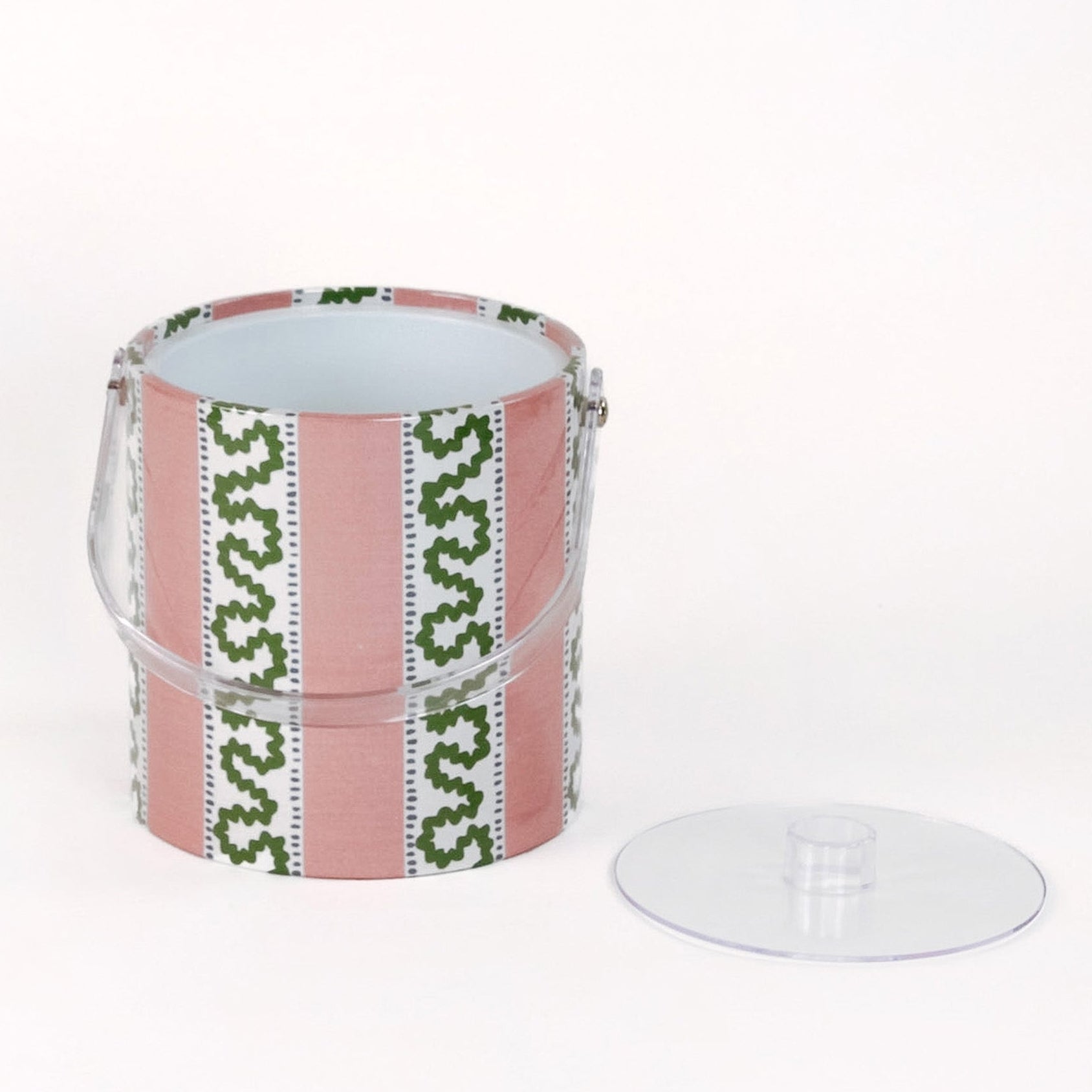 Harbor Trail Bahama Pink 3 qt acrylic ice bucket with handle up and the lid in place