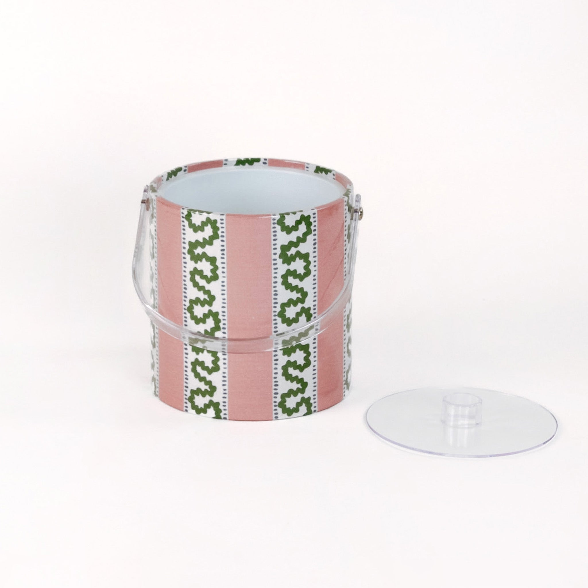 Harbor Trail Bahama Pink 3 qt acrylic ice bucket with handle up and the lid in place