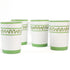 a set of 4 hand-made white glasses with green stripe and wavy pattern in a white background