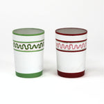 two painted glasses one green, one red with a squiggly motif at the top called "Harbor Trail" by madcap cottage
