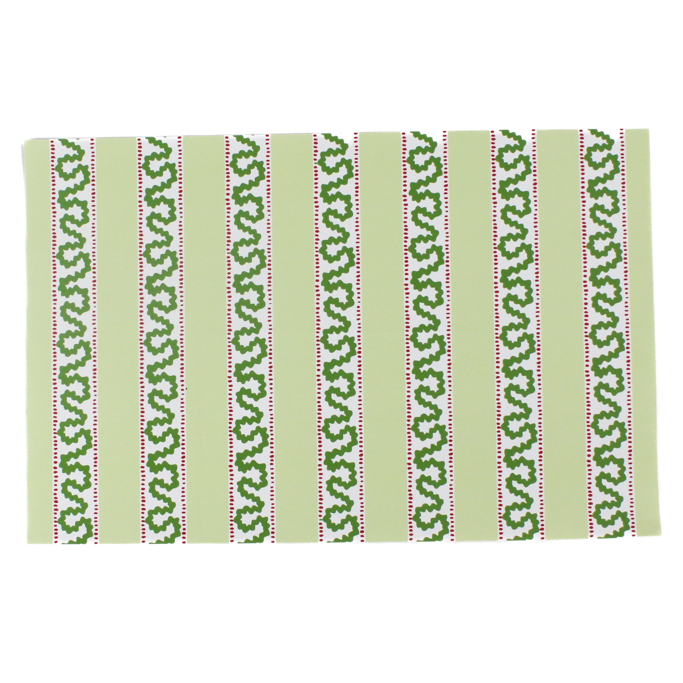 a green paper placemats featuring a striped pattern in a white background. 