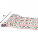 Harbor Trail pink and green striped paper table runner measuring 12 feet long and 19.5 inches wide.