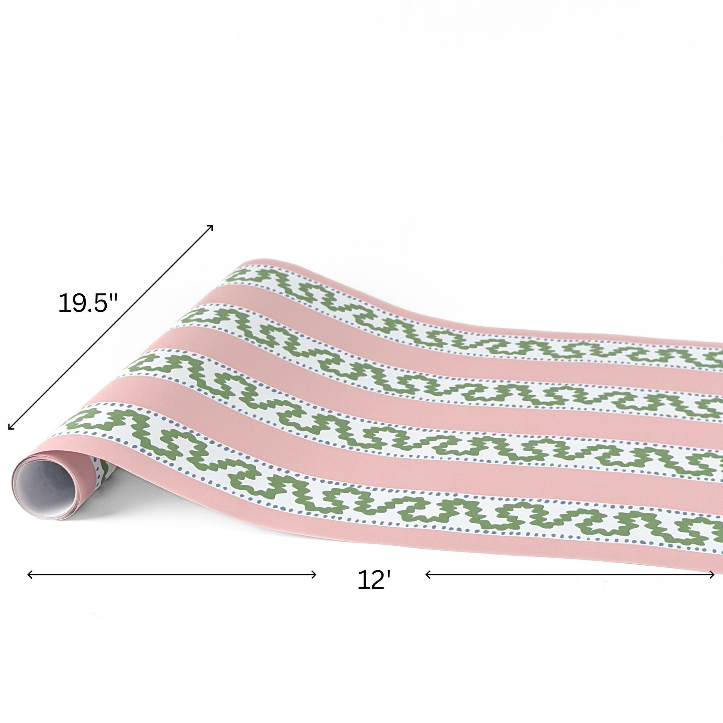 Harbor Trail pink and green striped paper table runner measuring 12 feet long and 19.5 inches wide.