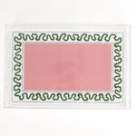 Harborr Trail Pink and Green w/Blue Dash Rectangular Acrylic Tray in large Size. Center is a large pink rectangle with blue dashes around it and a green squiggle.