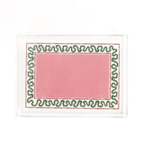 Harborr Trail Pink and Green w/Blue Dash Rectangular Acrylic Tray in small Size. Center is a large pink rectangle with blue dashes around it and a green squiggle.